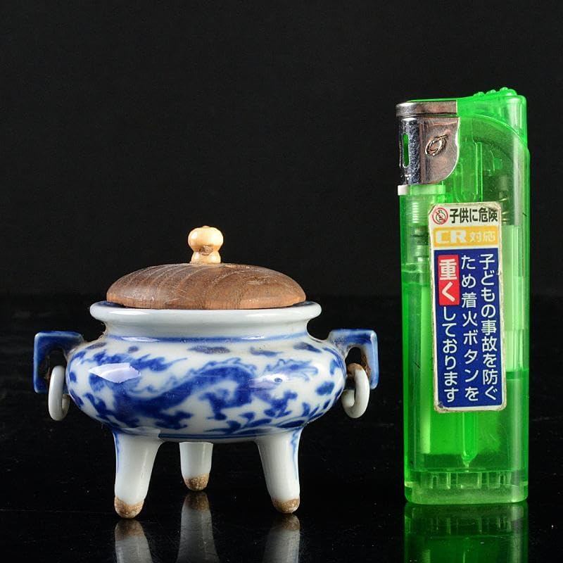 中国 青花 龍文 三足遊環香炉 小さな香炉 唐木蓋付 C R5853 🎒B 青花